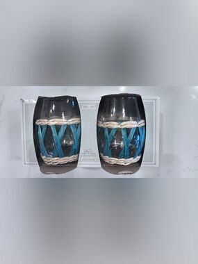 NIB- FIDDLE AND FERN STEMLESS WINE GLASSES WITH RATAN SLEEVE, SET OF 2